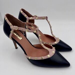 EUC Halogen Women Black Pink Studded T-Strap Pointed Toe Stiletto Pumps | 10.5M